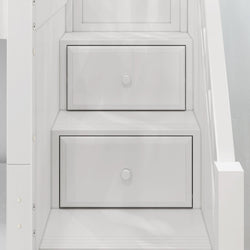 Modern white staircase with built-in storage drawers.