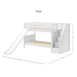 Twin white bunk bed with slide and storage stairs, dimensions displayed.