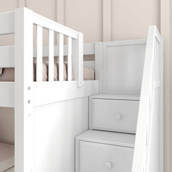 White wooden bunk bed with stairs and built-in storage drawers in a child's bedroom.