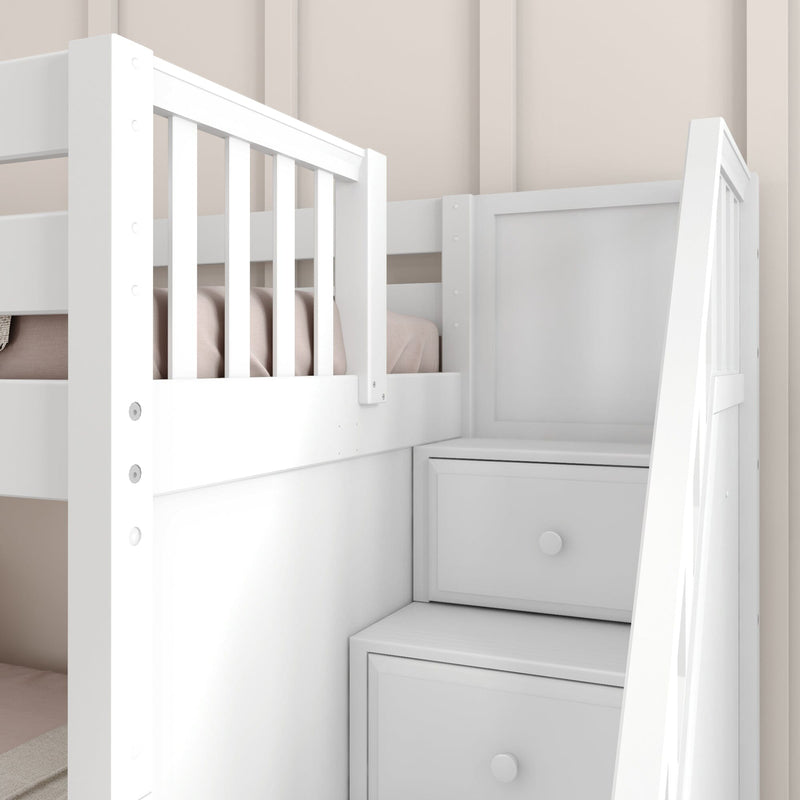 White wooden loft bunk bed with built-in storage stairs, safety rails and neutral beige nursery decor