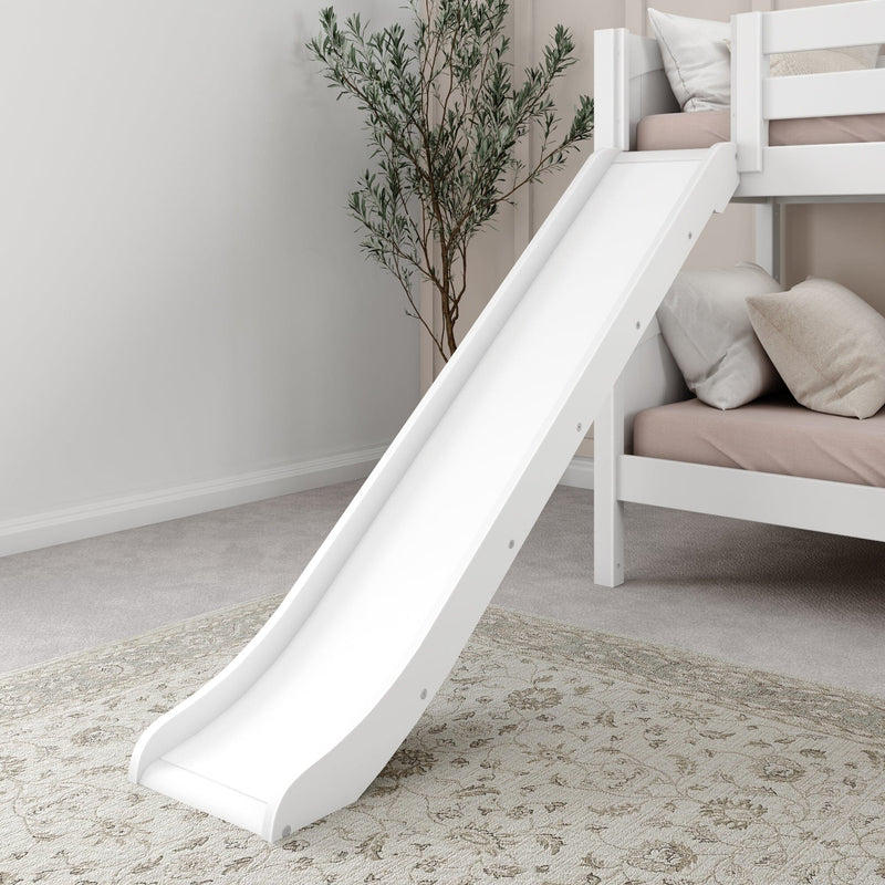 White kids loft bed with slide, neutral pink bedding and pillows in a modern space‑saving children's bedroom with potted plant
