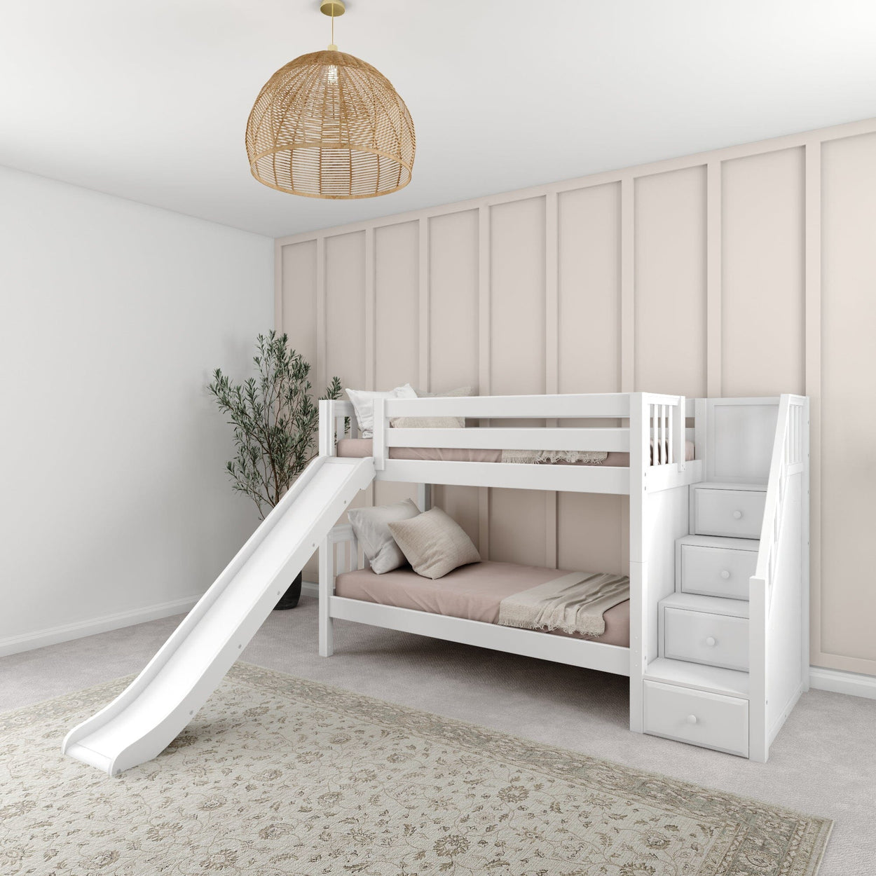 Stylish children's bedroom with white bunk bed, slide, and cozy decor.