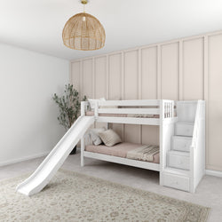 Stylish children's bedroom with white bunk bed, slide, and cozy decor.