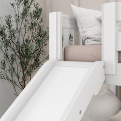 White kids loft bed with slide and pillow in modern bedroom.