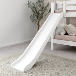 White kids' bunk bed with slide and cozy pillows in modern bedroom decor.