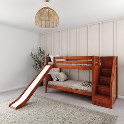 Wooden bunk bed with slide and stairs in modern children's room design.