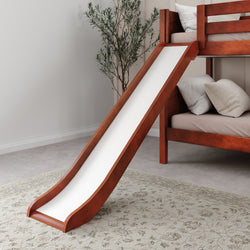 Wooden bunk bed with slide in modern bedroom setup.