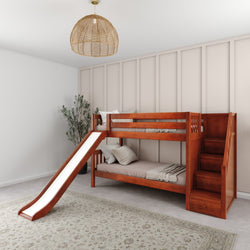 Children's wooden bunk bed with slide and stairs in a modern bedroom setting.