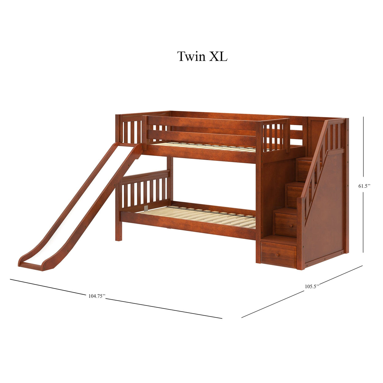 Twin XL wooden bunk bed with slide and staircase, dimensions 104.75" x 105.5" x 61.5".