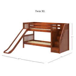Twin XL wooden bunk bed with slide and staircase, dimensions 104.75" x 105.5" x 61.5".