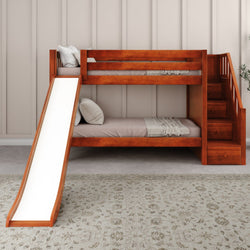 Wooden bunk bed with slide and stairs in a cozy children's bedroom.