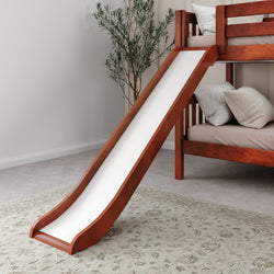 Loft bed with slide and wooden frame in stylish bedroom setting.