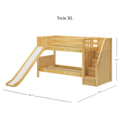 Twin XL bunk bed with slide and stairs, dimensions included, wooden finish.
