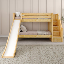 Wooden bunk bed with slide and storage stairs in modern children's room.