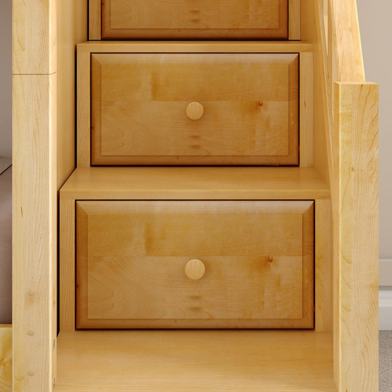 Built-in maple wood under-stair storage drawers with round knobs — custom staircase cabinetry for space-saving wooden drawer organization