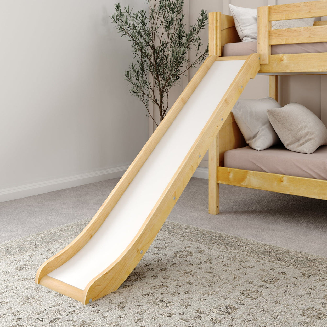 Wooden bunk bed with slide and bedding in a modern bedroom setting.