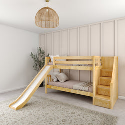 Wooden bunk bed with slide and storage stairs in a modern children's room.
