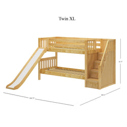Twin XL wooden bunk bed with slide and stairs, dimensions 104.75 inches by 105.5 inches by 61.5 inches.