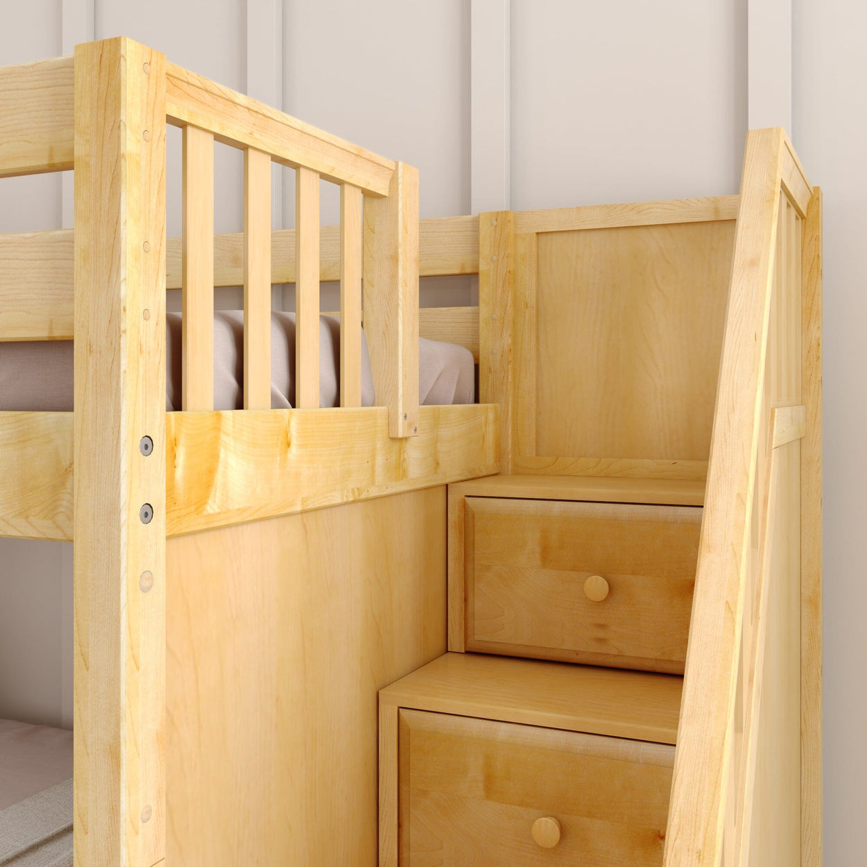 Wooden bunk bed with built-in storage drawers and side ladder in a modern bedroom setting.