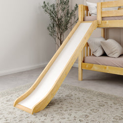 Wooden bunk bed with slide in modern bedroom setting.