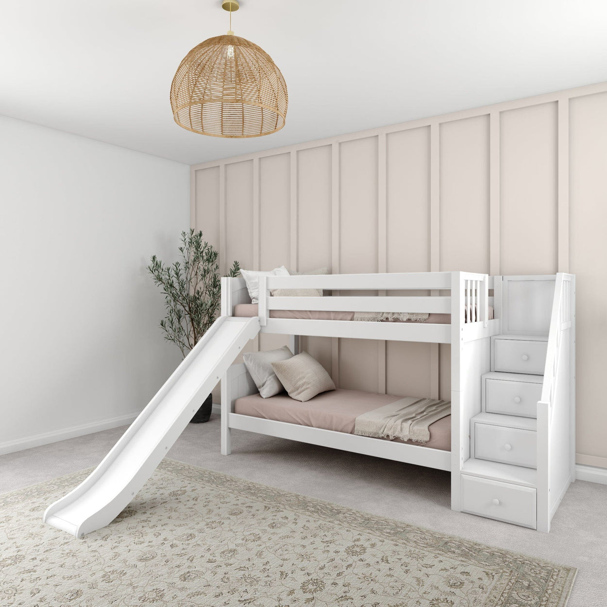White wooden bunk bed with slide and storage stairs in a modern kids' room with beige paneled wall and woven ceiling light.