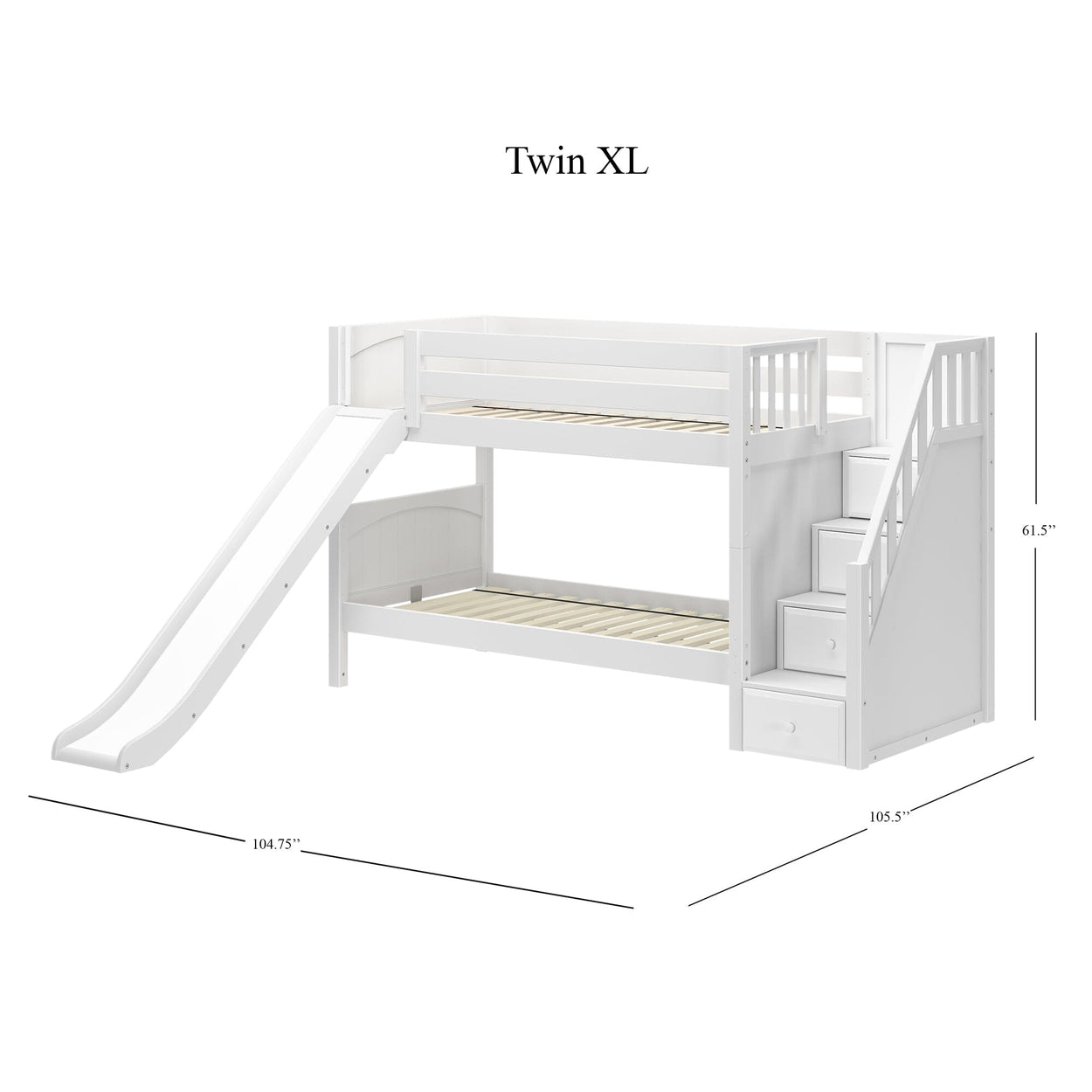 White twin XL bunk bed with slide and staircase, dimensions shown.
