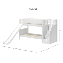 White twin XL bunk bed with slide and staircase, dimensions shown.