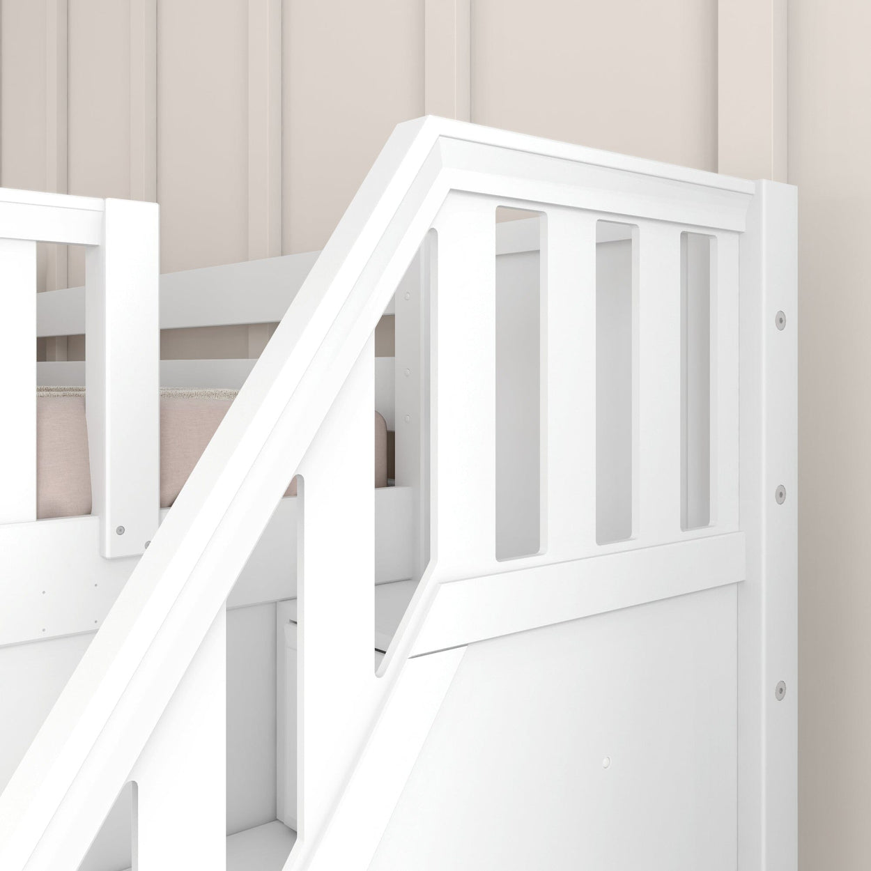 White wooden bunk bed with safety railing details against beige wall.