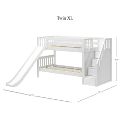 Twin XL white bunk bed with slide and storage stairs, dimensions 104.75" x 61.5" x 105.5".