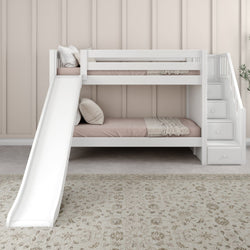 White wooden bunk bed with slide and storage stairs in a cozy kids' bedroom.