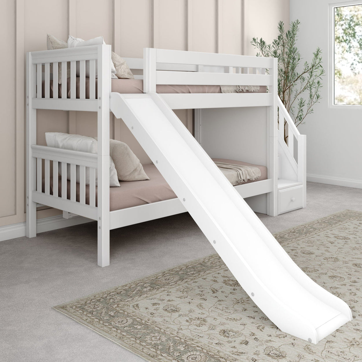 White wooden bunk bed with slide in cozy kids' room, enhancing playful bedroom decor.