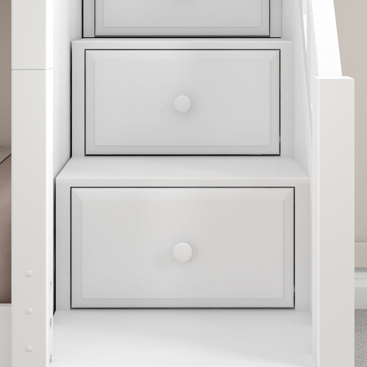 White wooden staircase storage drawers in a modern home interior design.