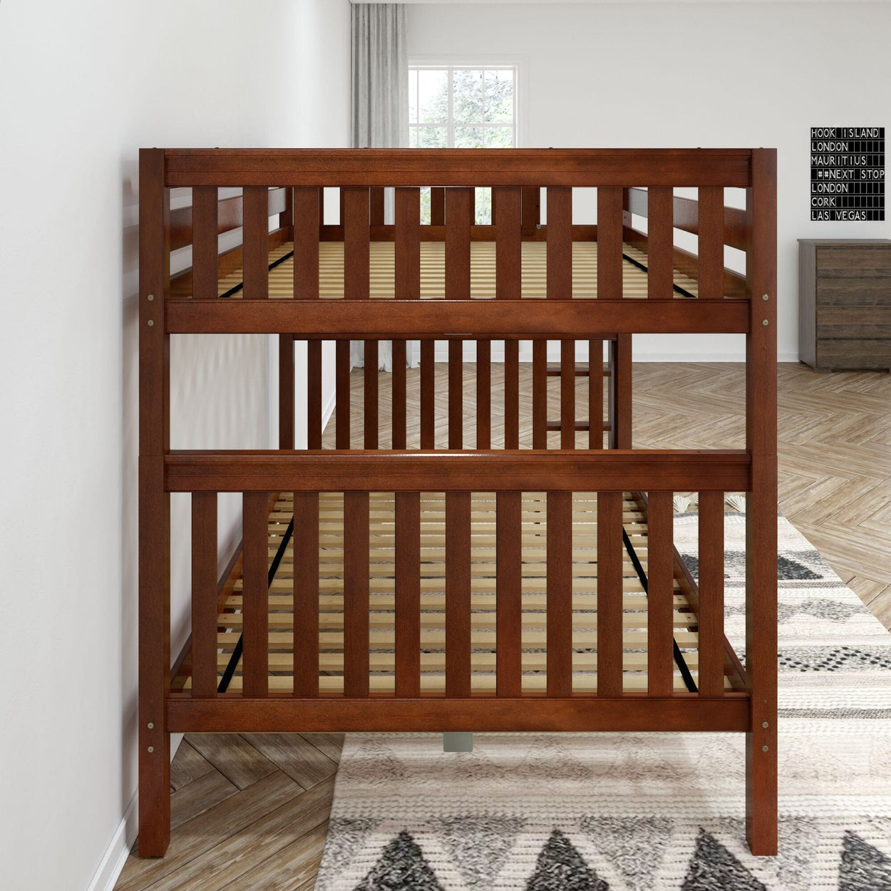 Wooden bunk bed frame in modern bedroom with white walls and natural light.