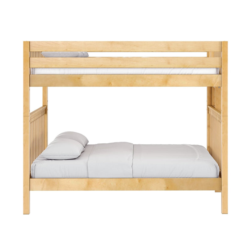 Natural maple wooden loft bunk bed with slatted sides and safety guardrail, white bedding and pillows — modern kids' bedroom furniture