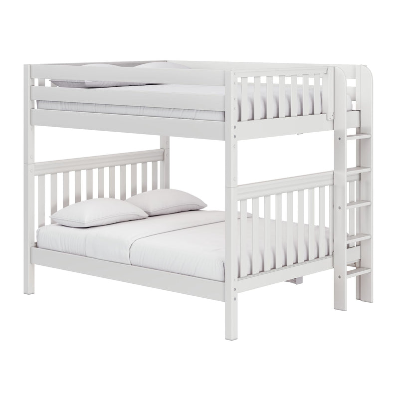White wooden bunk bed with ladder and slatted guardrails, mattress and pillows, modern kids' bedroom furniture