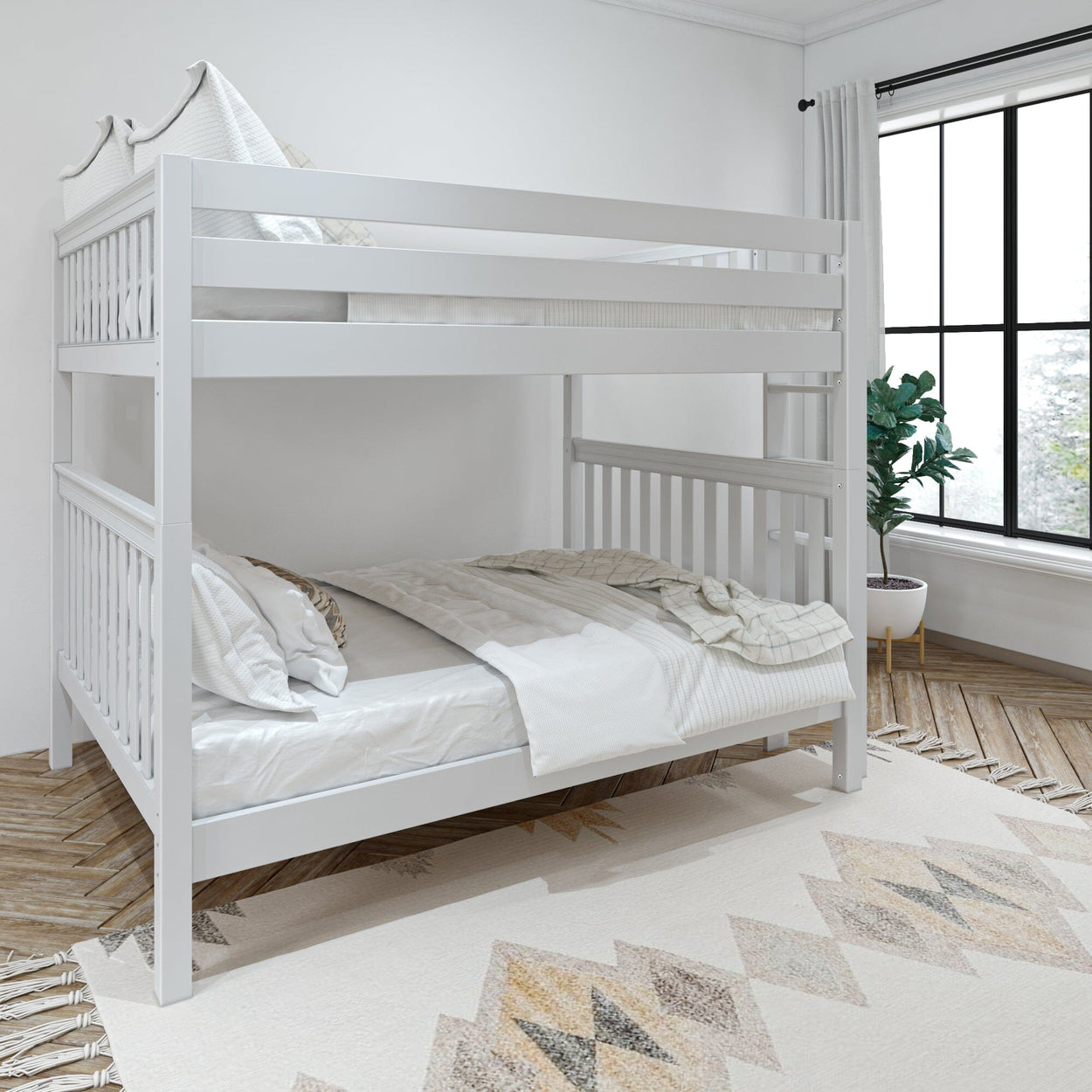 White wooden bunk beds in modern bedroom with large window and geometric rug.