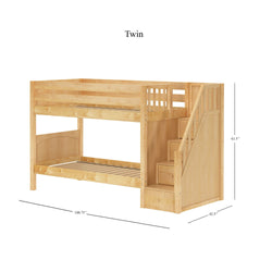Natural wood twin bunk bed with built-in stairs and storage, dimensions 100.75" L x 42.5" W x 61.5" H.
