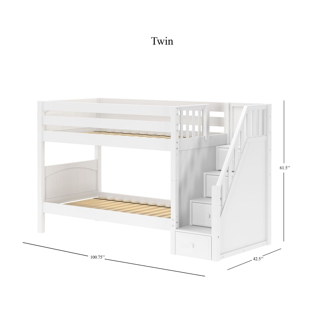 White wooden twin bunk bed with staircase drawers, dimensions 100.75"x42.5"x61.5".