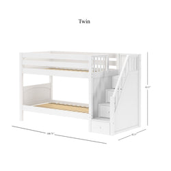 White wooden twin bunk bed with staircase drawers, dimensions 100.75"x42.5"x61.5".