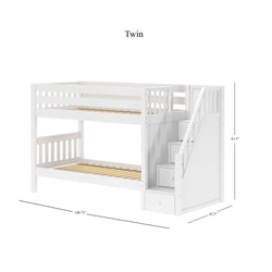 White twin bunk bed with stairs and storage dimensions.