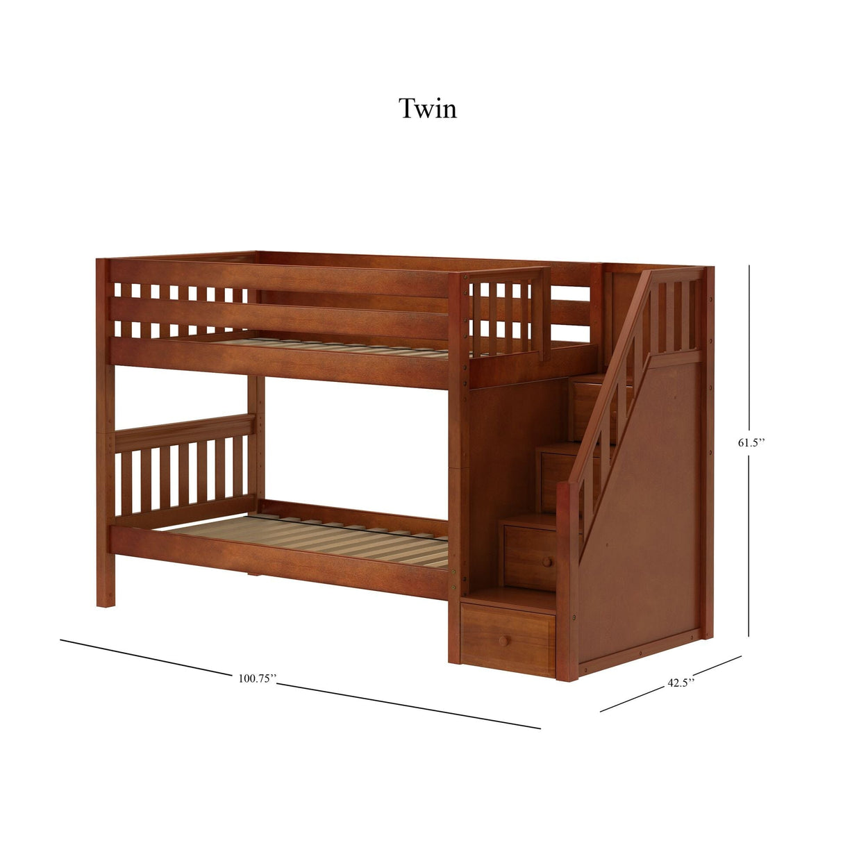 Wooden twin bunk bed with stairs and built-in storage, dimensions 100.75 x 42.5 x 61.5 inches.