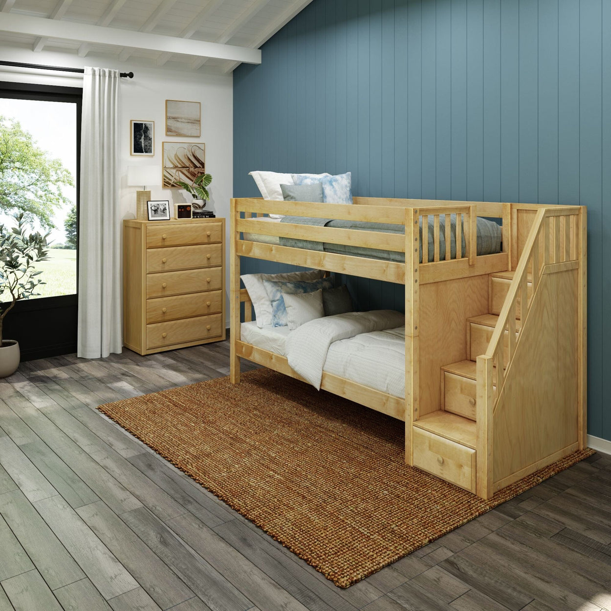 Natural wood bunk bed with stairs in a modern blue and white bedroom.