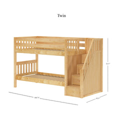 Twin wood bunk bed with stairs, dimensions labeled, natural finish.