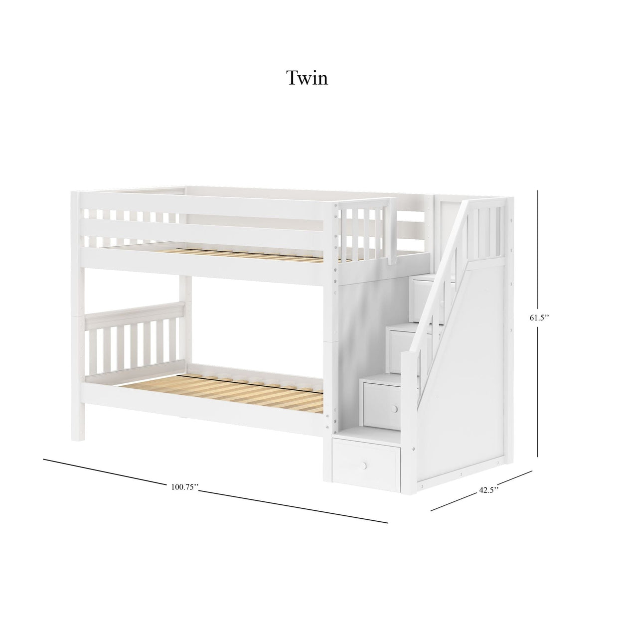 White twin over twin bunk bed with stairs and storage drawers, dimensions 100.75 x 42.5 x 61.5 inches.