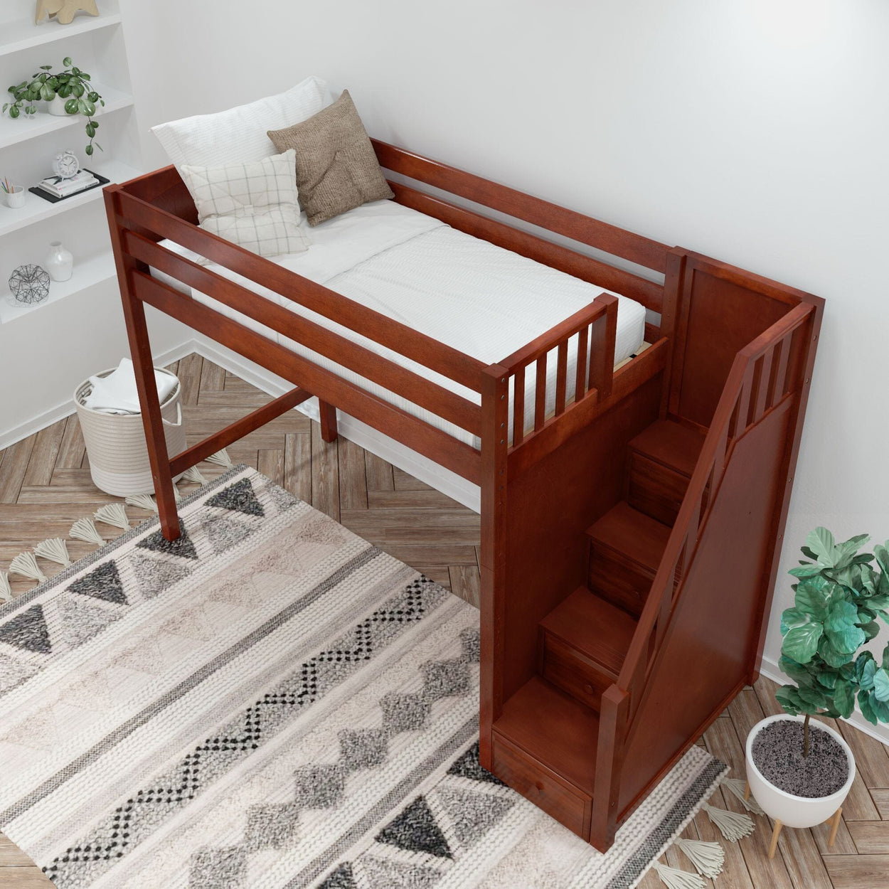 Kids loft bed with stairs and storage, in a modern bedroom with decorative rug and plant.