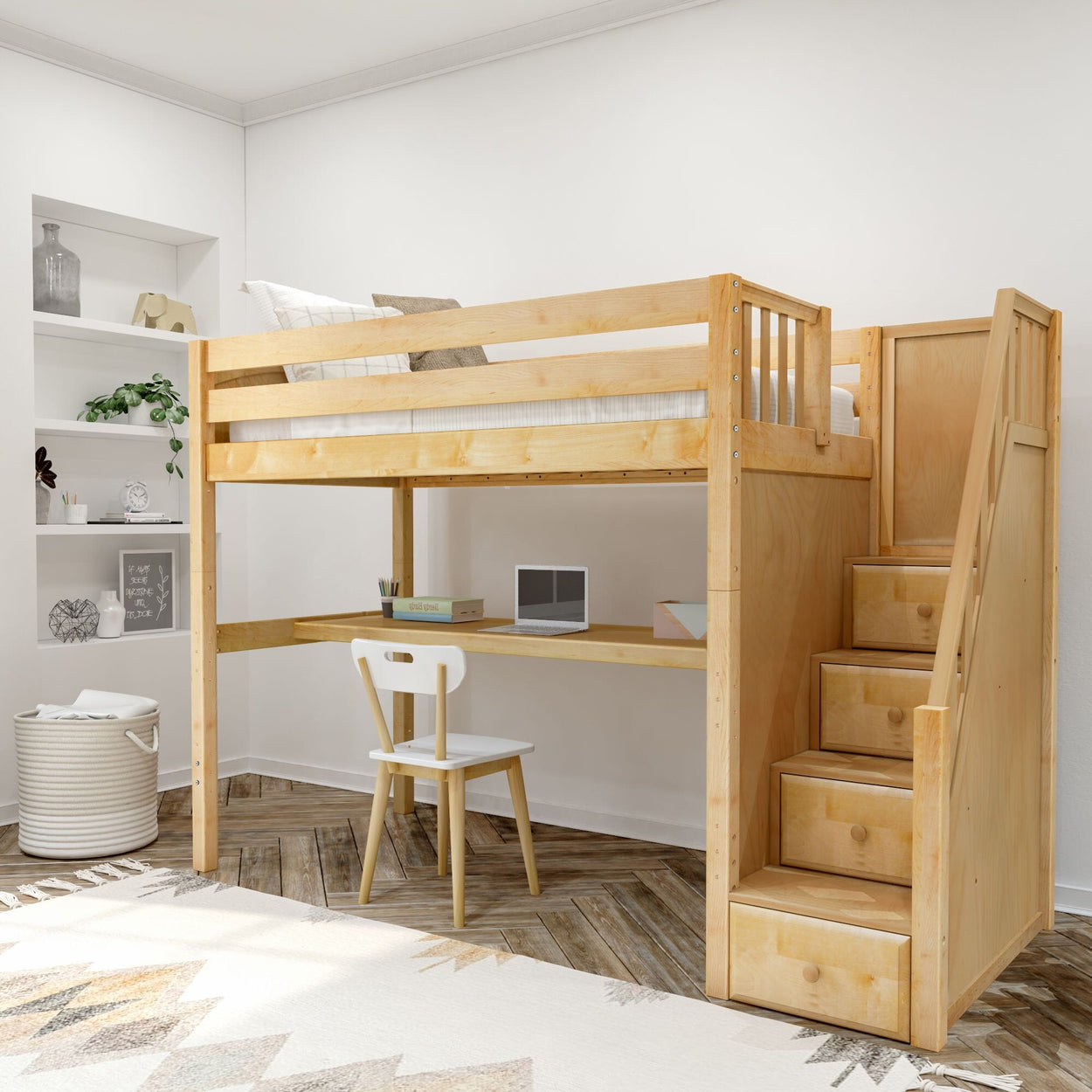 Loft bed with integrated desk and storage steps in a modern bedroom setting.