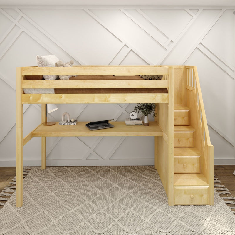 Children's natural wood loft bed with integrated staircase, built-in desk and storage in a modern neutral kids bedroom with textured rug and geometric white accent wall