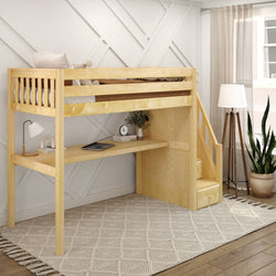 Wooden loft bed with built-in desk and stairs in a modern room with decor.