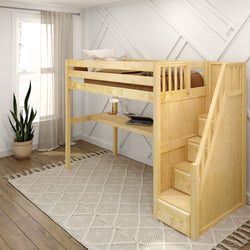 Wooden loft bed with integrated desk and staircase in a modern bedroom.