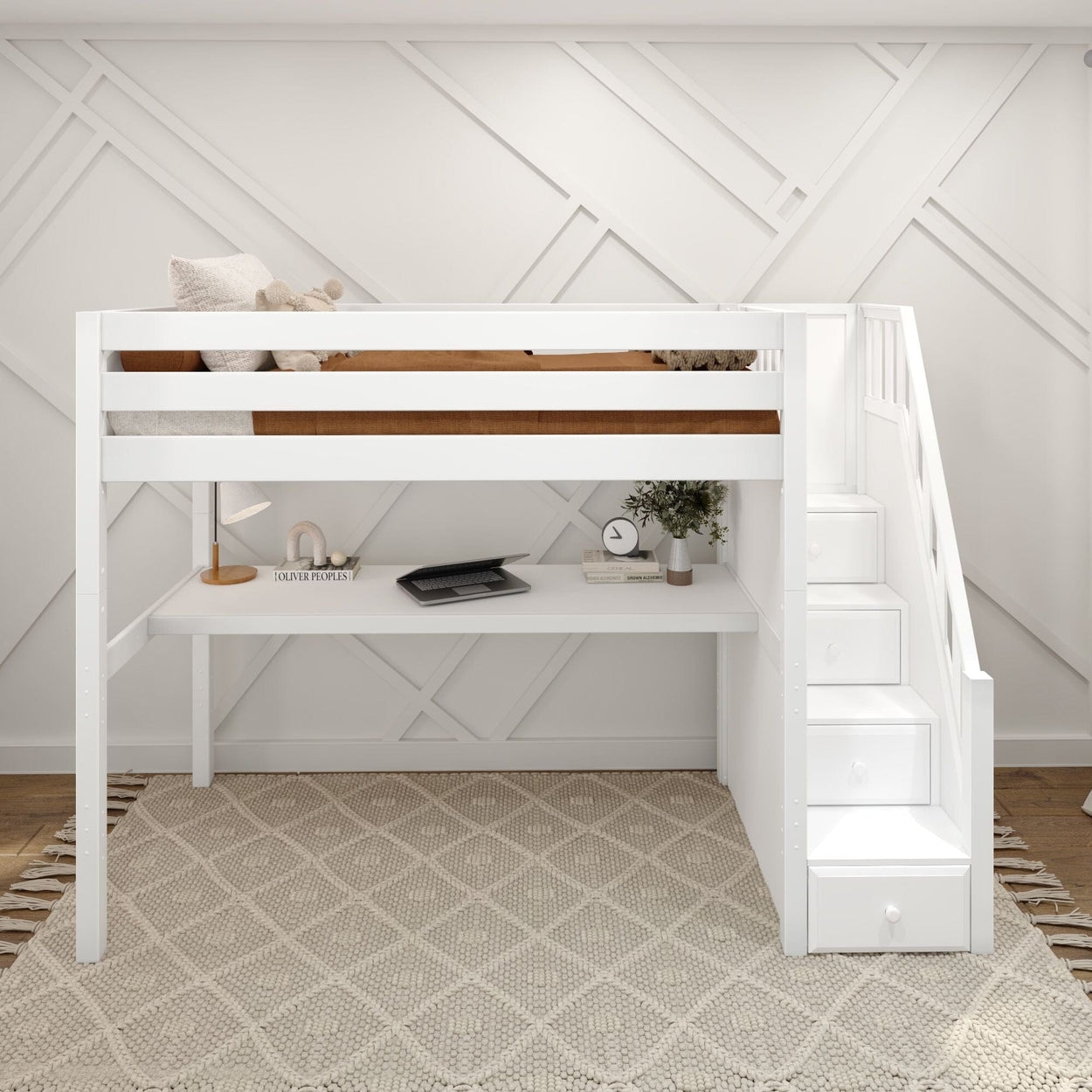 White loft bed with integrated desk and staircase storage in modern bedroom.